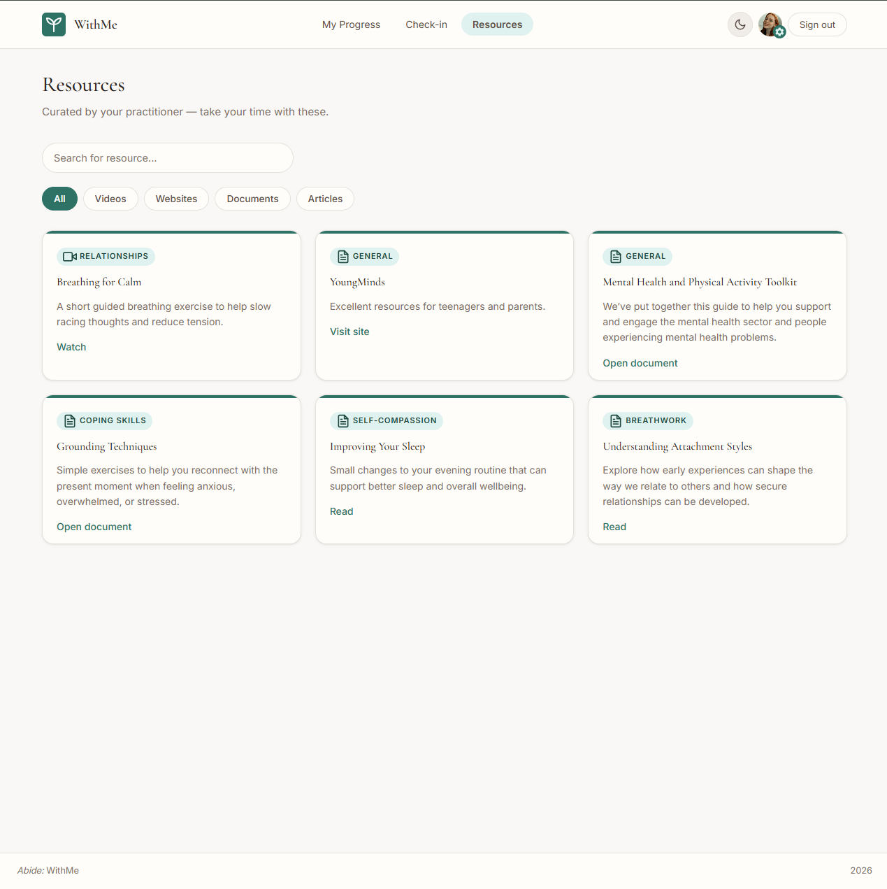 WithMe portal showing resources and session documents